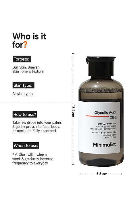 Minimalist Glycolic Acid 8% Exfoliating Liquid For Deep Exfoliation  Even Skin Tone, Texture &amp; Glow, 150ml - Image 4 - Buy from Indicrest