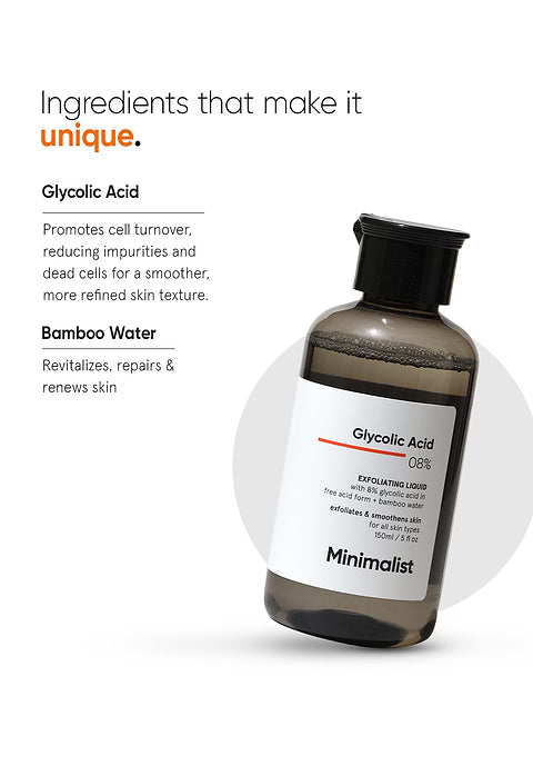 Minimalist Glycolic Acid 8% Exfoliating Liquid For Deep Exfoliation  Even Skin Tone, Texture &amp; Glow, 150ml - Image 2 - Buy from Indicrest
