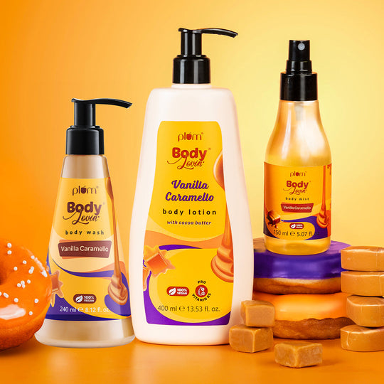 Plum Go Caramello Bath & Body Trio by Plum BodyLovin’ | Internet Viral Vanilla Caramello Fragrance | Bath & Body Routine | Makes You Smell Delicious Buy at Indicrest