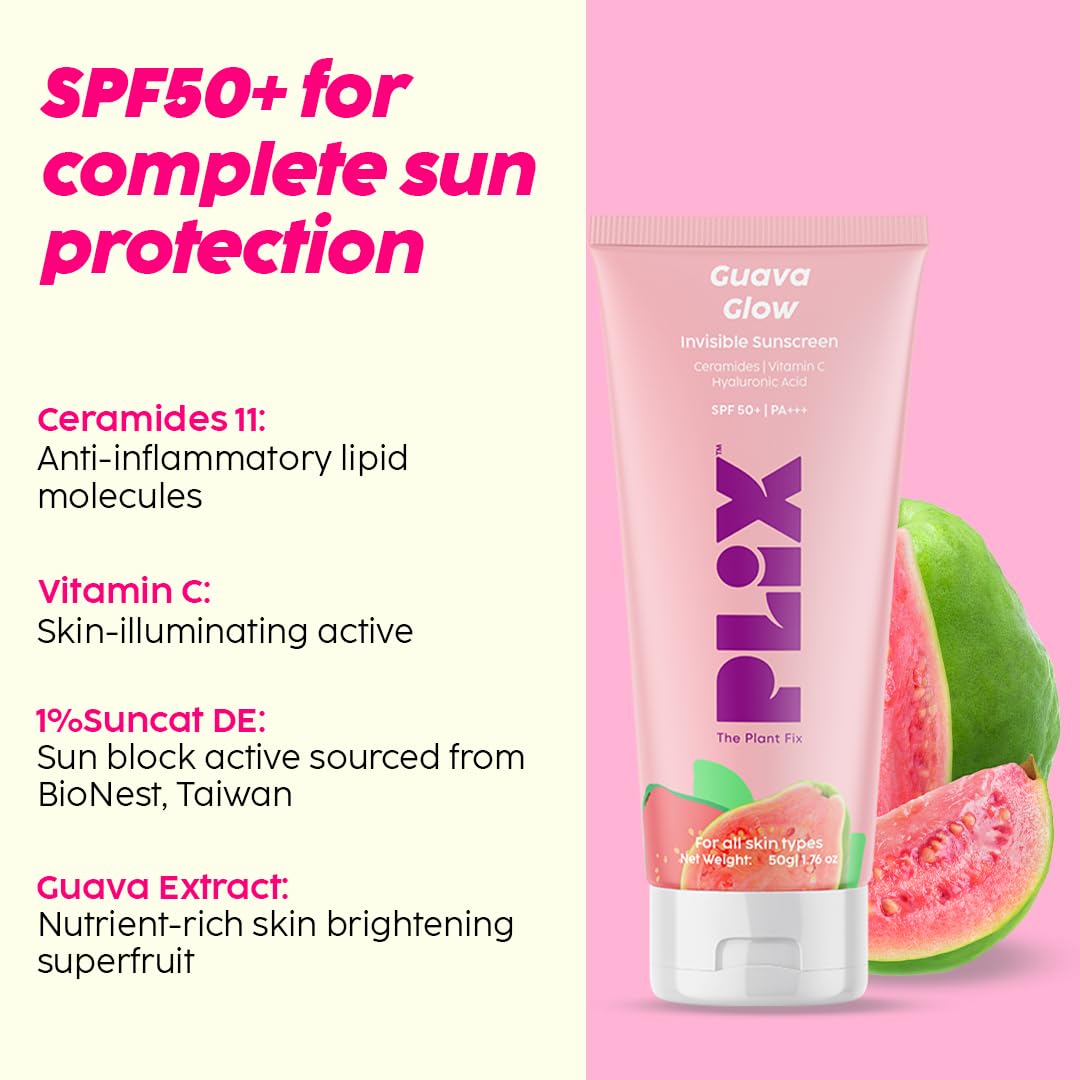 Plix Guava Glow Invisible Dewy Sunscreen with SPF50+ PA+++ | 50g