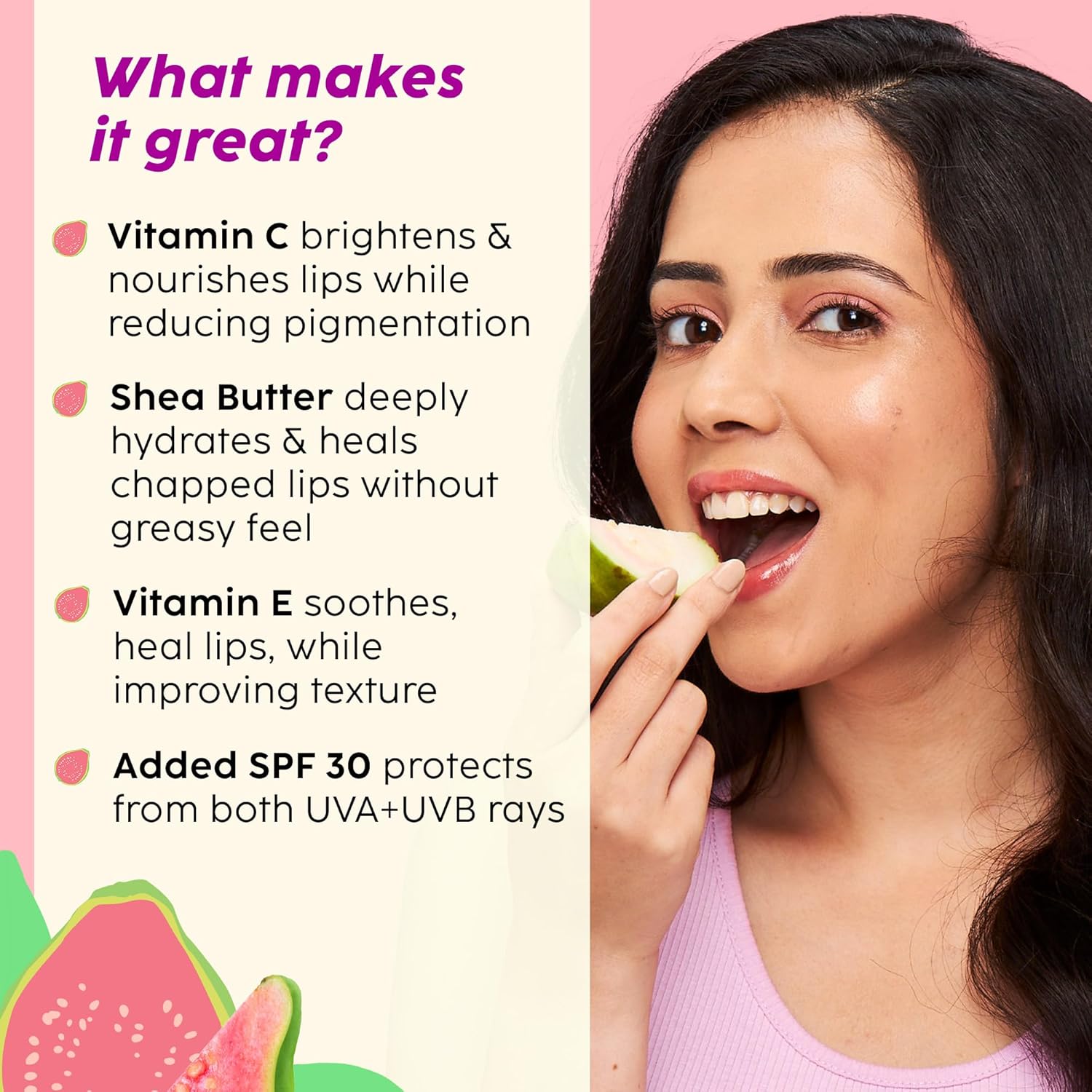 Plix Guava Glowy Lip Tinted Balm With SPF 30 for Smooth, Soft & Hydrated Lips, 12g