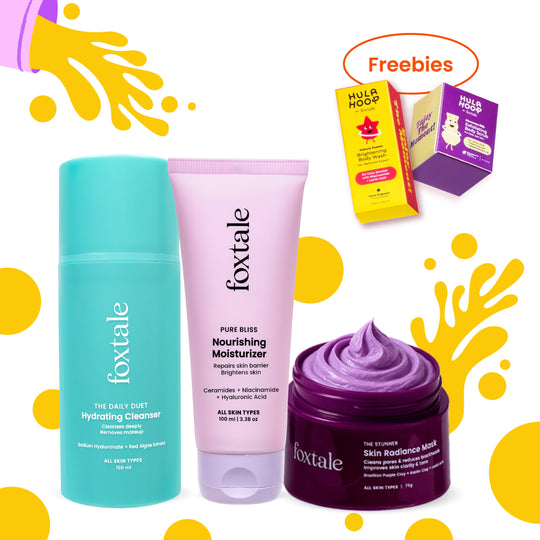 Foxtale Foxtale Holi Grail Kit Hydrating Cleanser + Skin Radiance Mask + Nourishing Ceramide Moisturizer + Hula Hoop Exfoliating Body Scrub Mini + Hula Hoop Brightening Body Wash Min - Buy from Indicrest