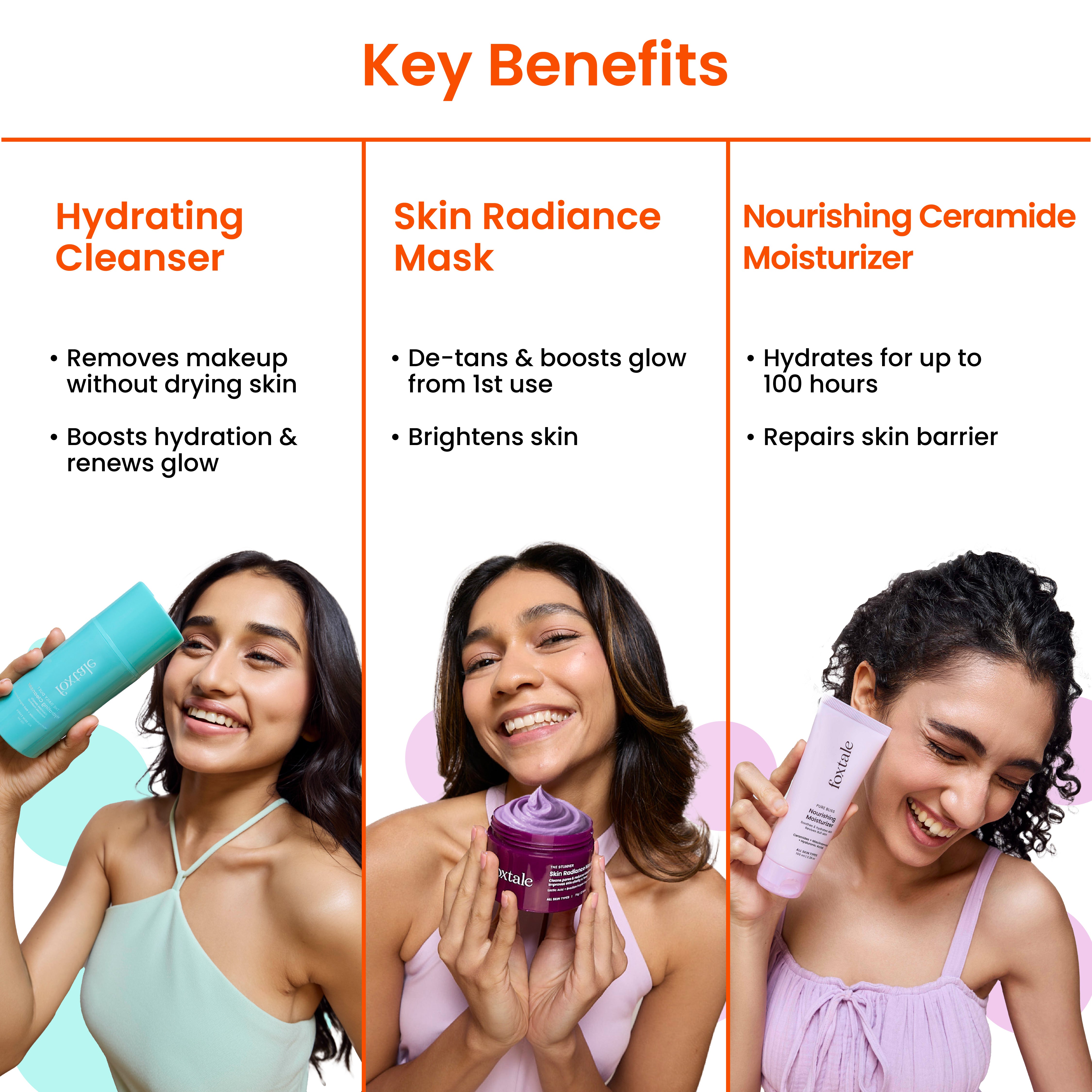 Foxtale Foxtale Holi Grail Kit Hydrating Cleanser + Skin Radiance Mask + Nourishing Ceramide Moisturizer + Hula Hoop Exfoliating Body Scrub Mini + Hula Hoop Brightening Body Wash Min - Image 3 - Buy from Indicrest