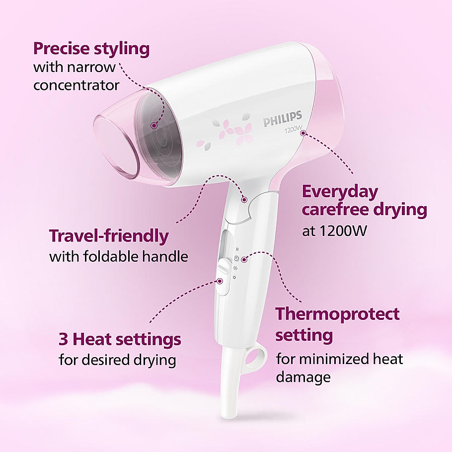 Philips Hair Dryer- Thermoprotect Technology | On The Go Dryer | 3 Heat & Speed Settings | Quick, Gentle Drying for Shiny Hair | HP8120/00