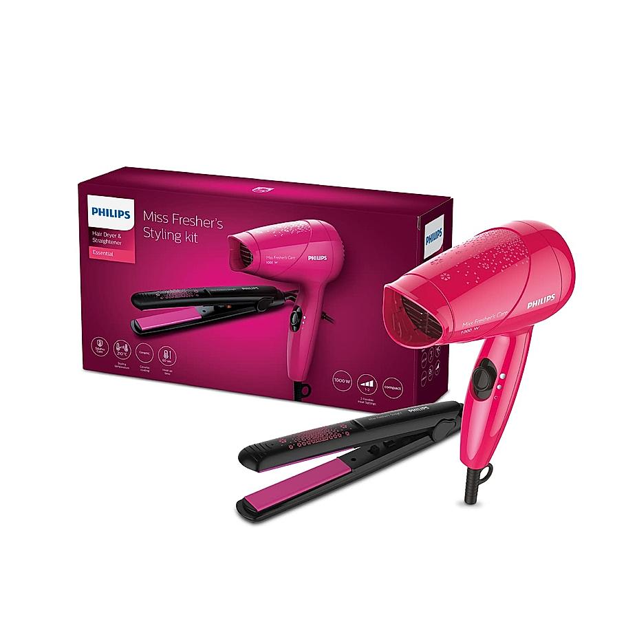 Philips Miss Fresher's Straightener & Dryer Combo Kit- | For Everyday MultiStyling | 1000 Watts | HP8643/46