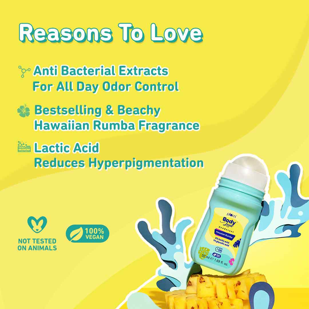 Plum Hawaiian Rumba Deodorant Roll On by Plum BodyLovin' | 4% Lactic Acid & 1% Glycolic Acid | Controls Odor & Fades Underarm Darkness | Warm Vanilla Fragrance, 50ml