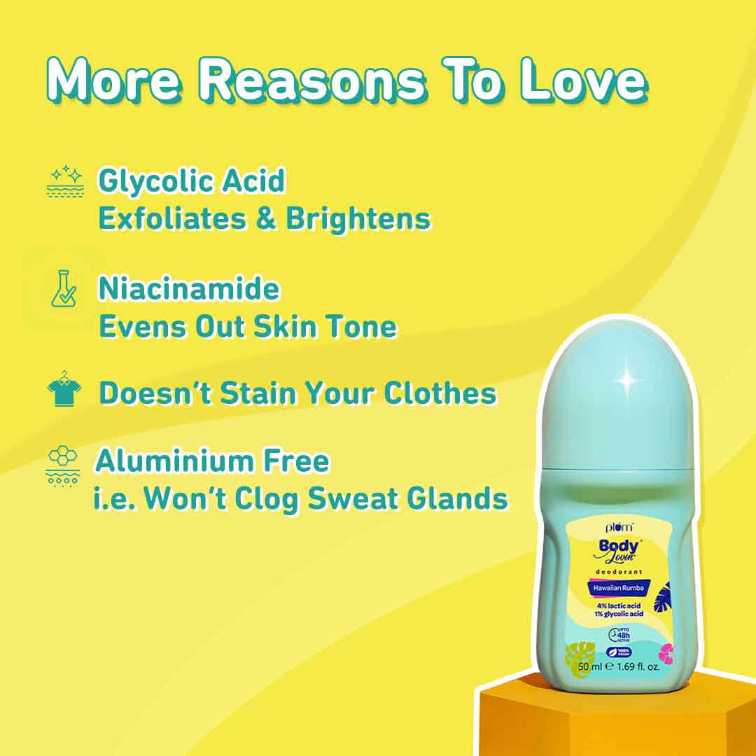 Plum Hawaiian Rumba Deodorant Roll On by Plum BodyLovin' | 4% Lactic Acid & 1% Glycolic Acid | Controls Odor & Fades Underarm Darkness | Warm Vanilla Fragrance, 50ml