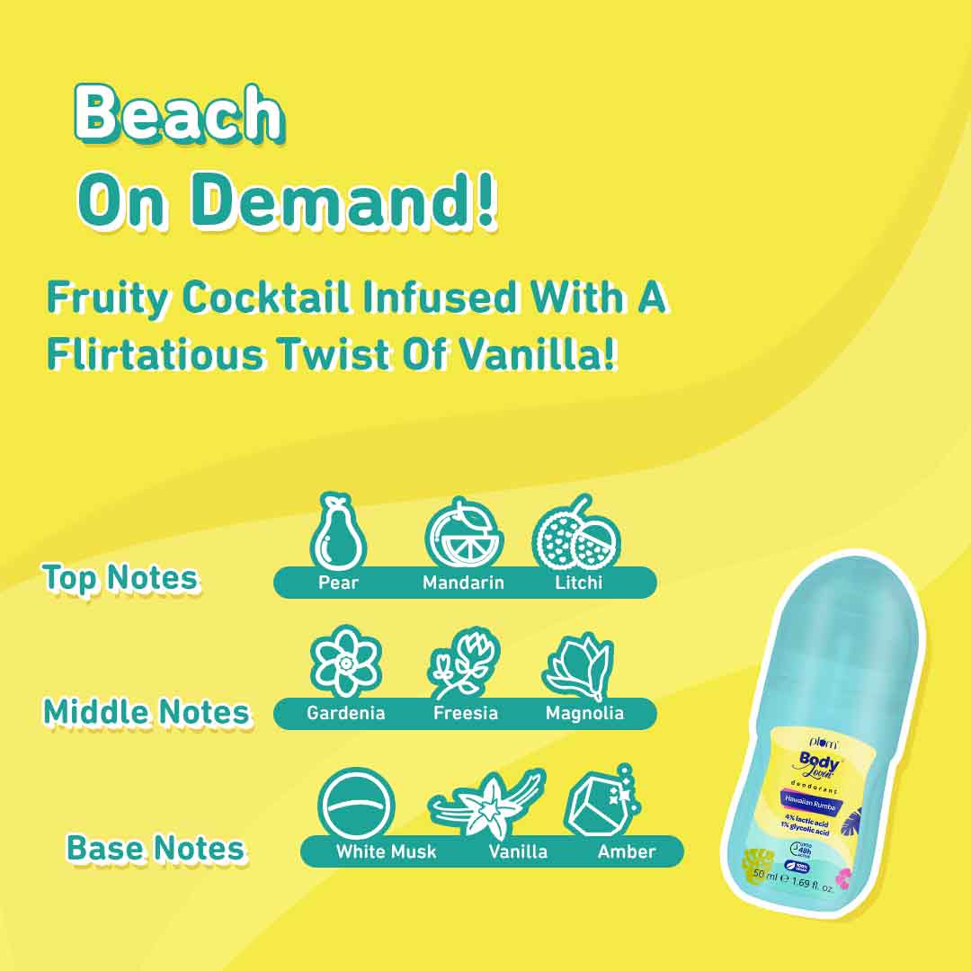 Plum Hawaiian Rumba Deodorant Roll On by Plum BodyLovin' | 4% Lactic Acid & 1% Glycolic Acid | Controls Odor & Fades Underarm Darkness | Warm Vanilla Fragrance, 50ml