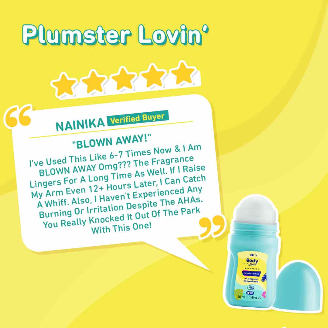 Plum Hawaiian Rumba Deodorant Roll On by Plum BodyLovin' | 4% Lactic Acid & 1% Glycolic Acid | Controls Odor & Fades Underarm Darkness | Warm Vanilla Fragrance, 50ml