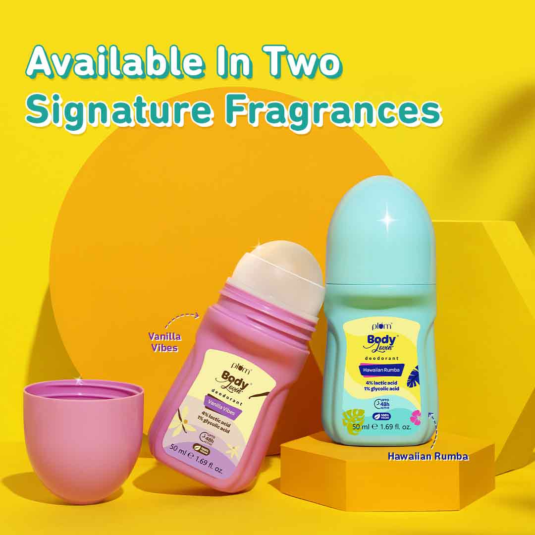 Plum Hawaiian Rumba Deodorant Roll On by Plum BodyLovin' | 4% Lactic Acid & 1% Glycolic Acid | Controls Odor & Fades Underarm Darkness | Warm Vanilla Fragrance, 50ml