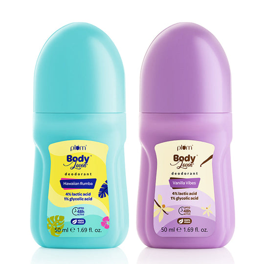 Plum Deodorant Roll-On Duo by Plum BodyLovin' | 4% Lactic Acid & 1% Glycolic Acid | Controls Odor & Fades Underarm Darkness | Warm Vanilla Fragrance Buy at Indicrest