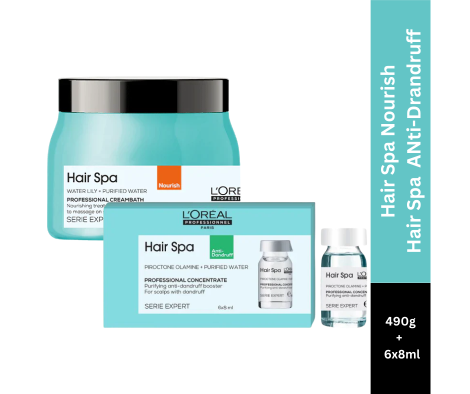 L'Oreal Professionnel Paris Hair Spa Nourish Creambath, 490g and Hair Spa Purifying Concentrate Anti-Dandruff, 6x8ml – Combo