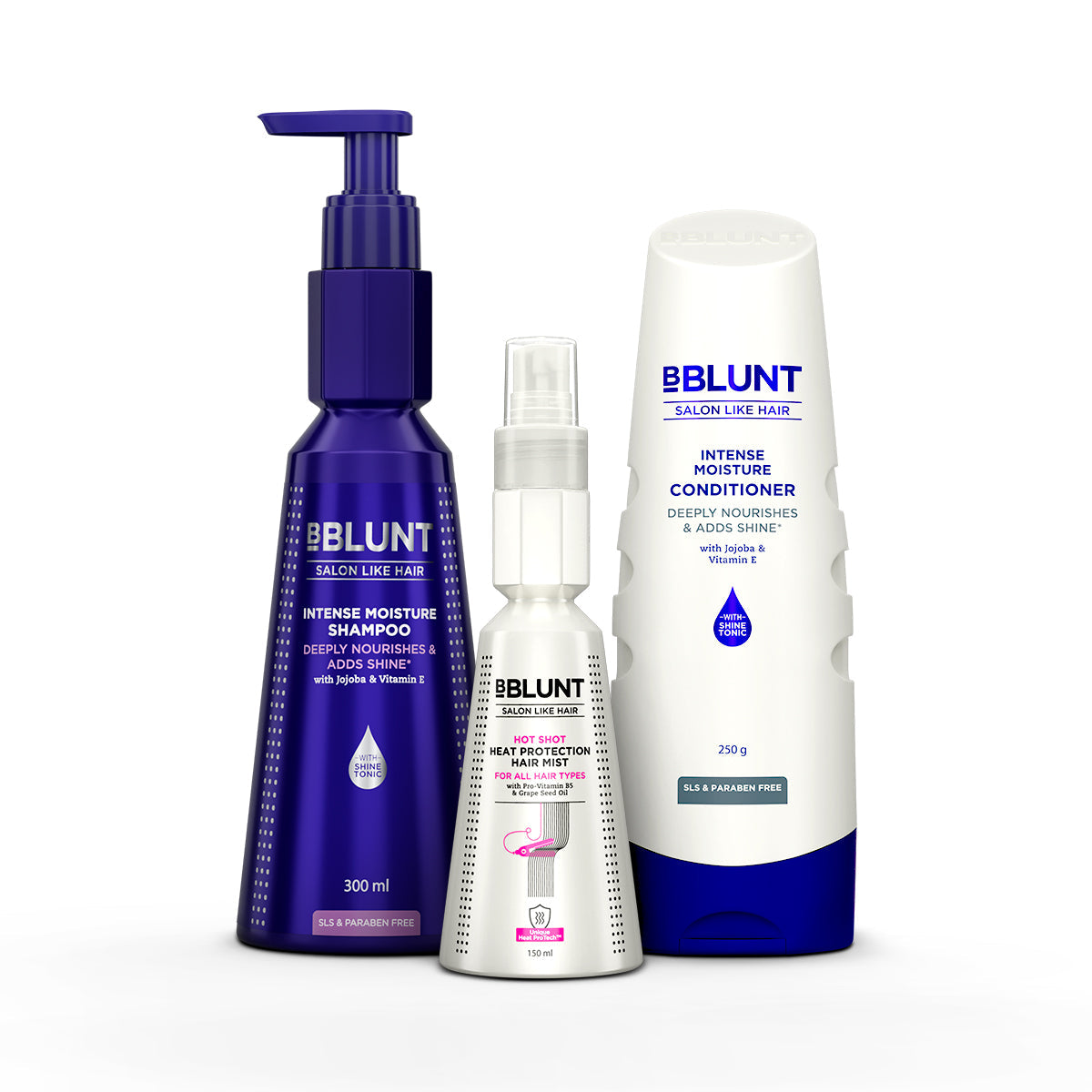 Bblunt BBLUNT Hair Care & Styling Kit Intense Moisture Shampoo 300ml, Intense Moisture Conditioner 250g & Hot Shot Heat Protection Mist 150ml - Buy from Indicrest