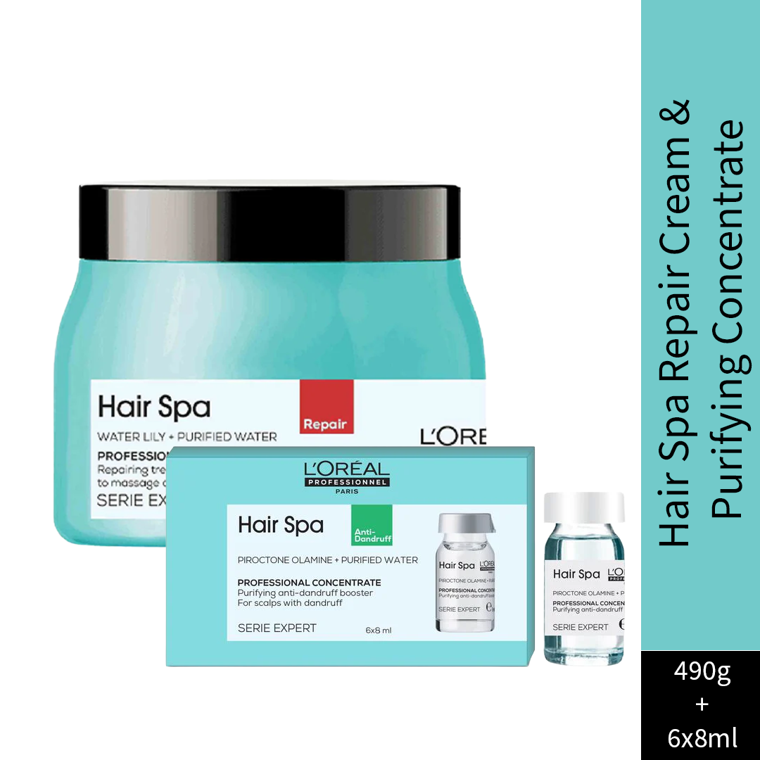 L'Oreal Professionnel Paris Hair Spa Repair Creambath, 490g and Purifying Concentrate Anti-Dandruff, 6x8ml – Combo