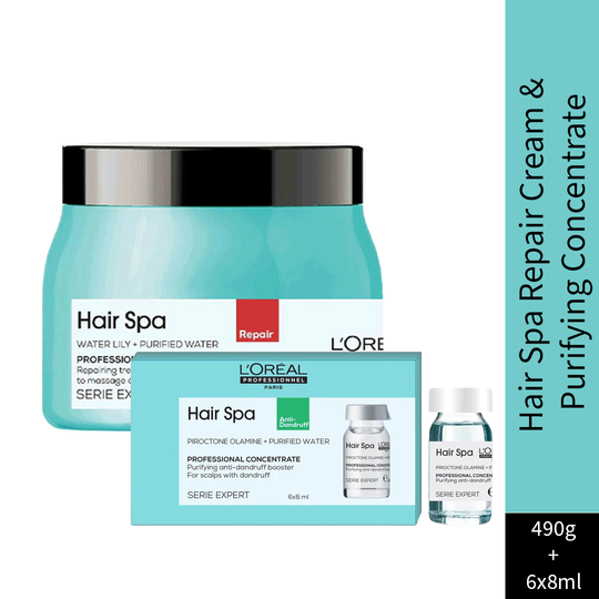 L'Oreal Professionnel Paris Hair Spa Repair Creambath, 490g and Purifying Concentrate Anti-Dandruff, 6x8ml – Combo Buy at Indicrest