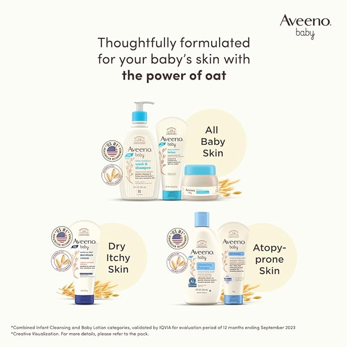 Aveeno baby product lineup with text highlighting skin conditions addressed.