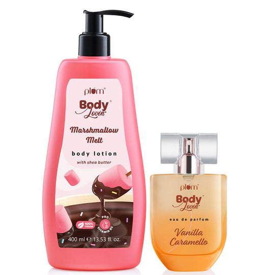 Plum Marshmallow & Caramel Duo by Plum BodyLovin' | Intensely Mositurizing | Vitamin B5 | Shea Butter | Cocoa Butter | Lightweight & Non-Greasy | Long Lasting Perfume | Delicious Fragrance Buy at Indicrest