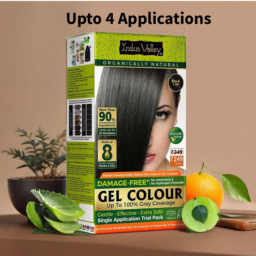INDUS VALLEY Damage Free Natural Gel Hair Colour for Men and Women and Ammonia & PPD Free Natural and Organic Hair Colour with 100% Grey Coverage, Long Lasting Hair Color Black 1.00 – 220ml - 4 Time Application