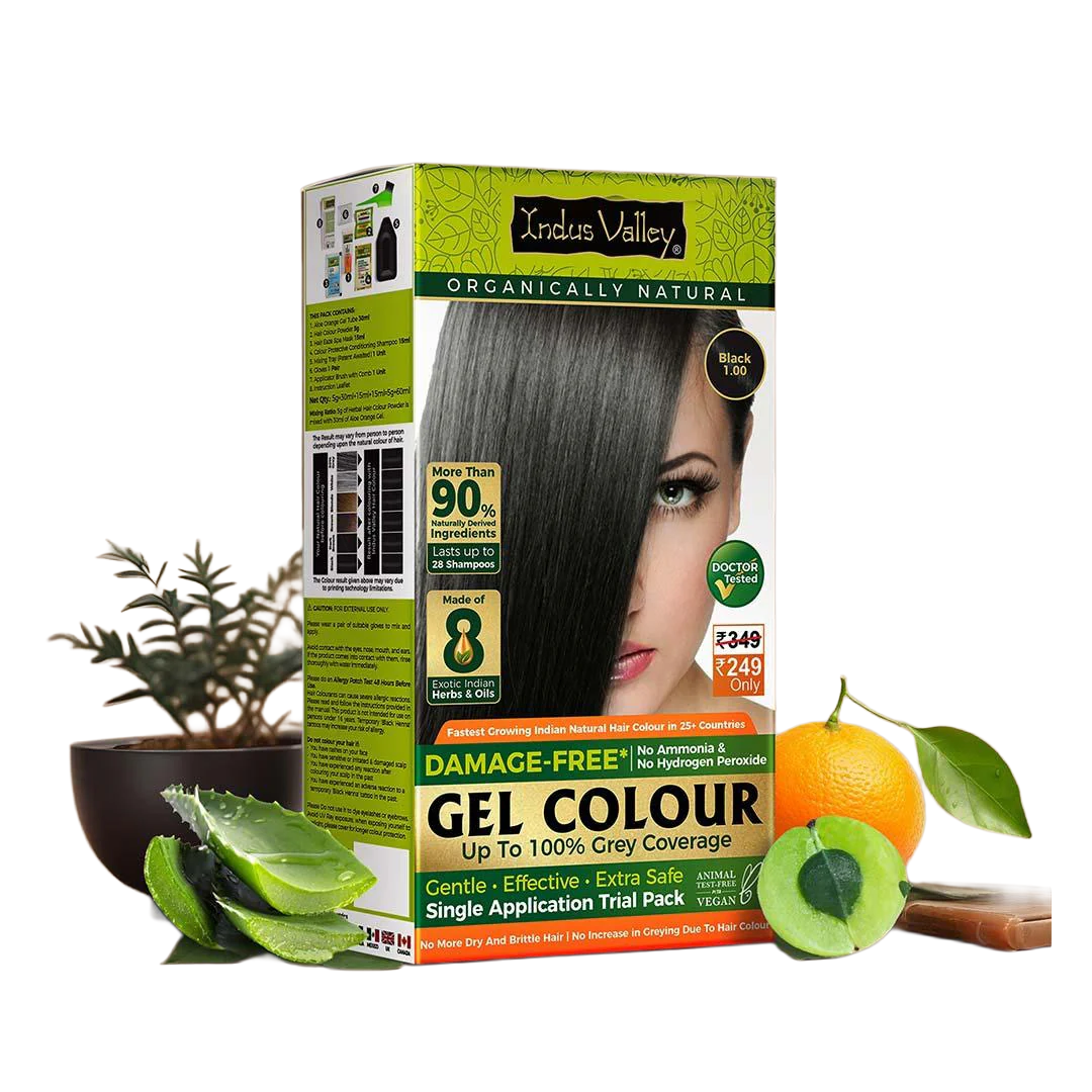 INDUS VALLEY Damage Free Natural Gel Hair Colour for Men and Women and Ammonia & PPD Free Natural and Organic Hair Colour with 100% Grey Coverage, Long Lasting Hair Color Black 1.00 – 220ml - 4 Time Application