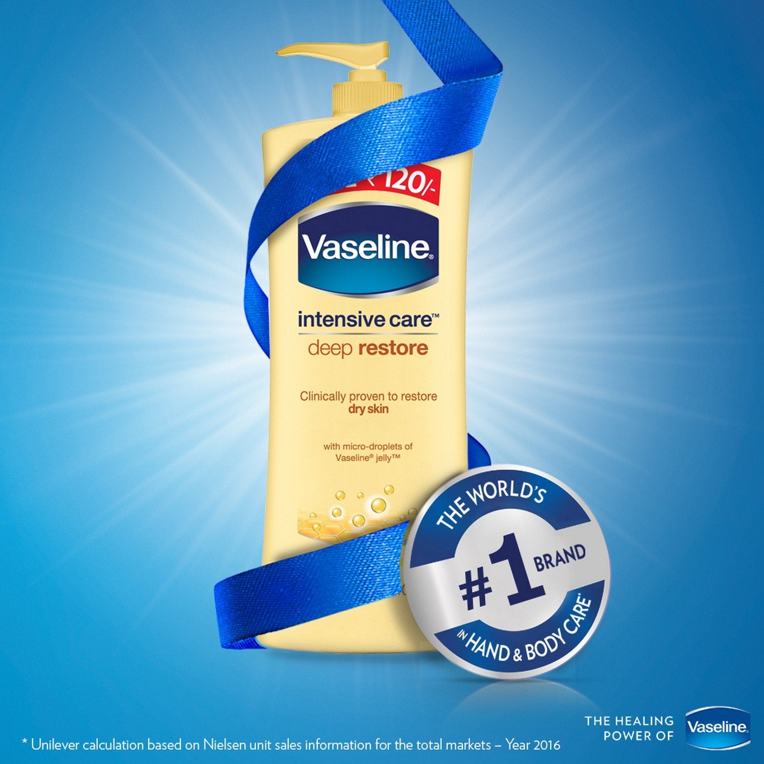 Vaseline intensive care deep restore lotion with a blue ribbon on a blue background