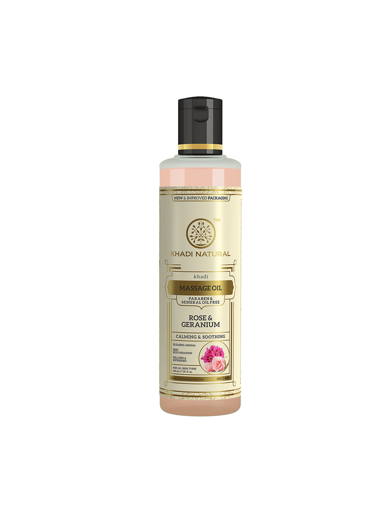 Khadi Natural Rose & Geranium Massage Oil Soothes Mind & Body without Mineral Oil - 210ml - Buy from Indicrest