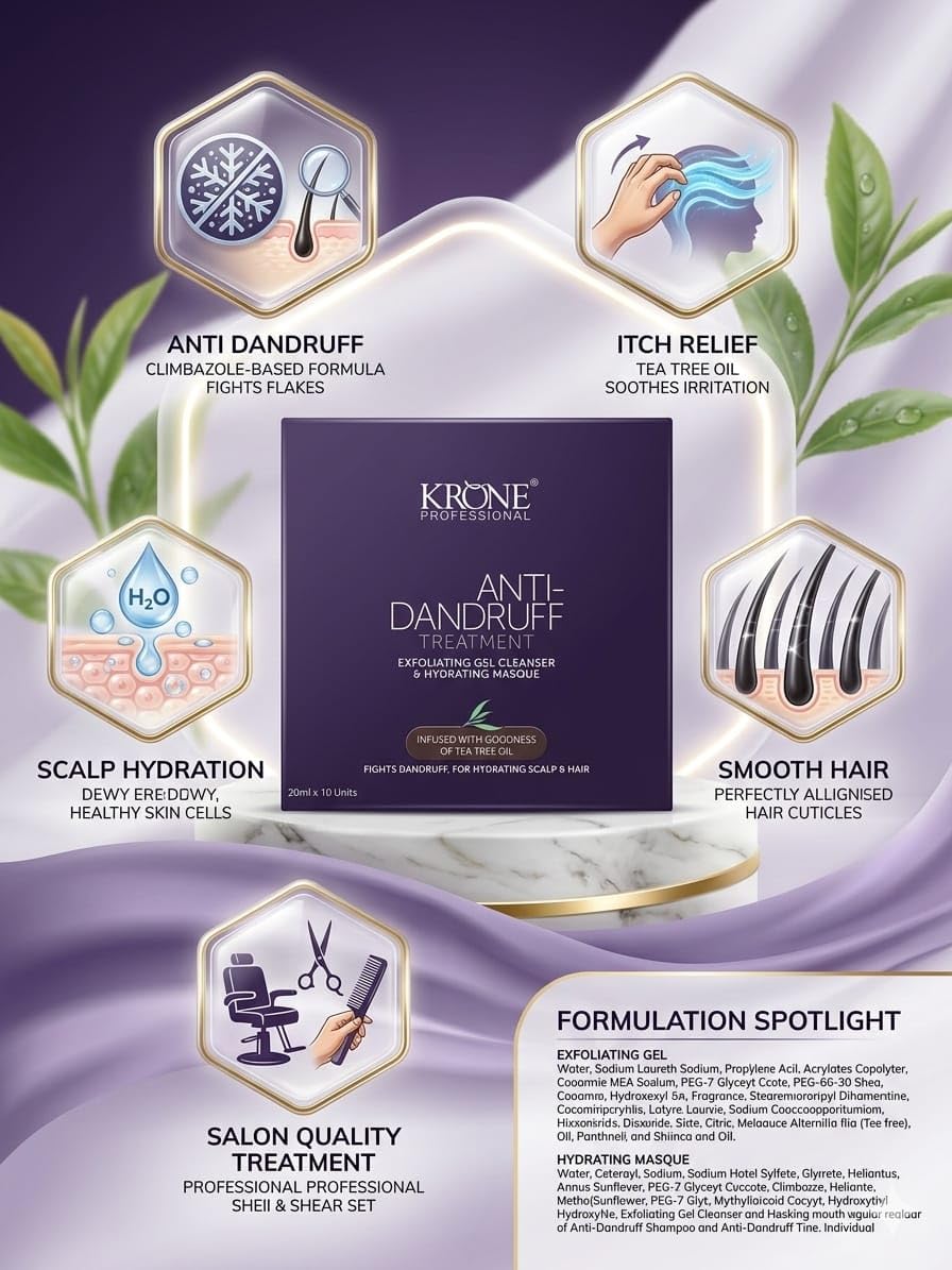 Advertisement for Krone Anti-Dandruff Treatment with formulation spotligh