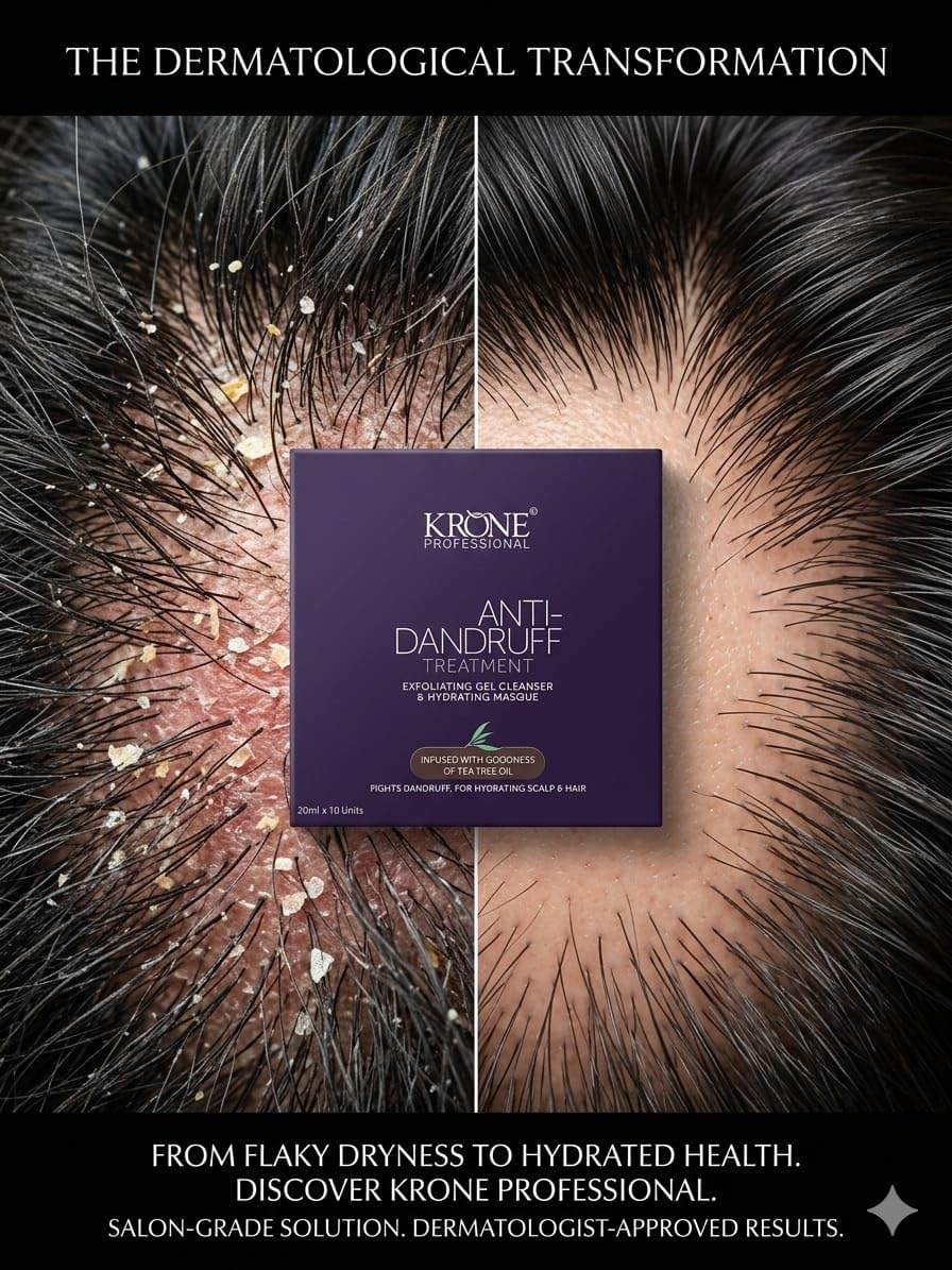 Kröne Professional Anti Dandruff Treatment packaging between two close-up views of flaky skin with dandruff.
