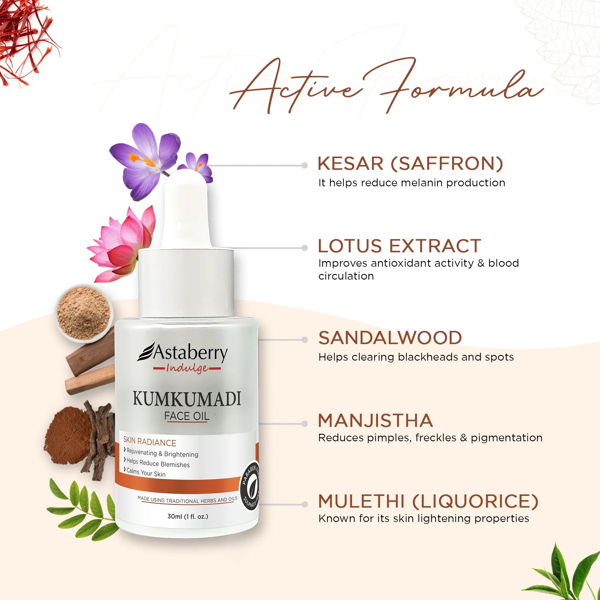 Astaberry Kumkumadi Face Oil for Blemishes and skin-lightening - 30ML - Image 4 - Buy from Indicrest