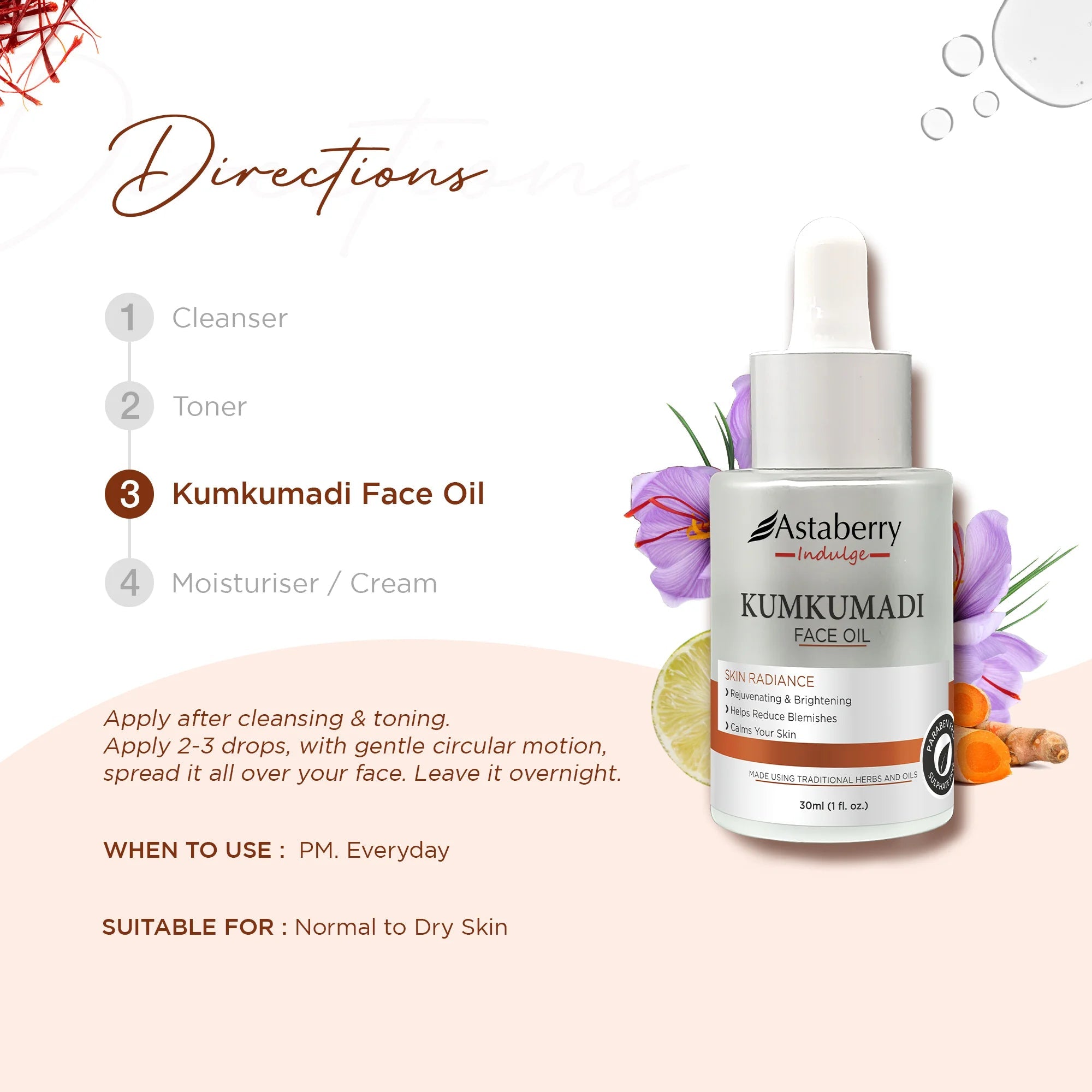 Astaberry Kumkumadi Face Oil for Blemishes and skin-lightening - 30ML - Image 5 - Buy from Indicrest
