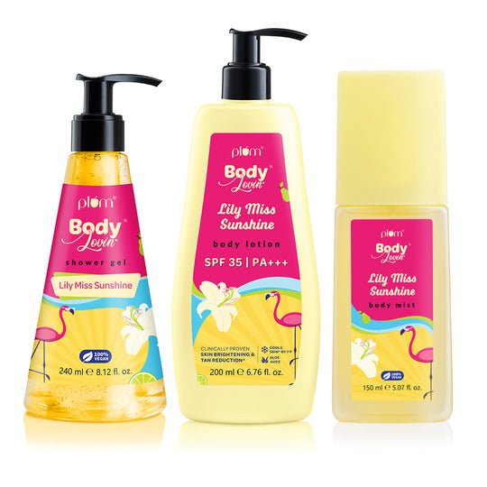 Plum Bundle of Sunshine by Plum BodyLovin’ | Fruity-Floral Fragrance | Aloe-Infused Body Wash | Body Lotion With SPF 35 PA+++ | Long Lasting Fragrance Rich Body Mist Buy at Indicrest
