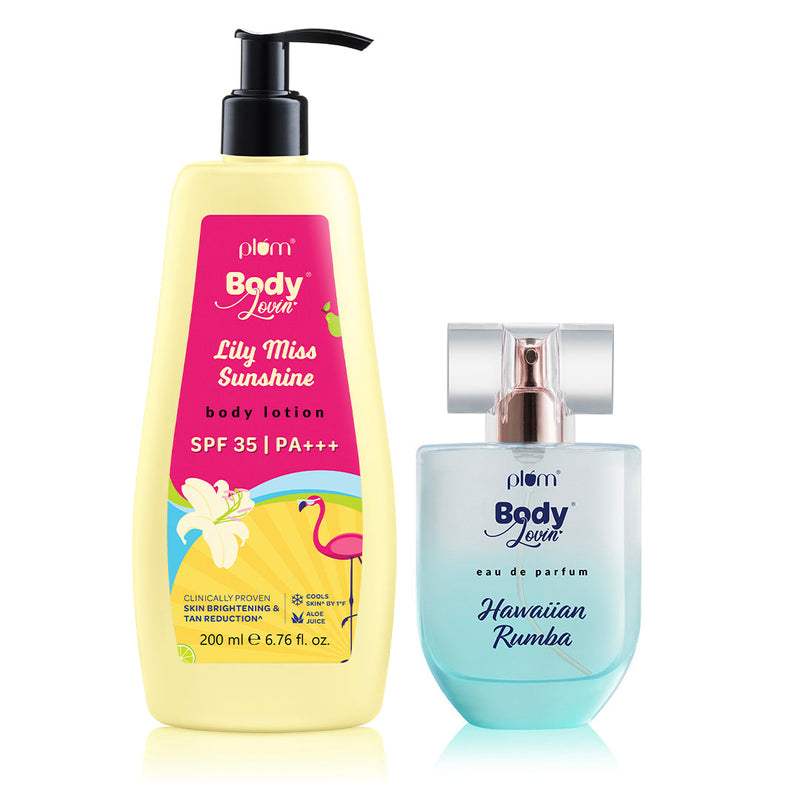 Plum Summer Essentials Duo by Plum BodyLovin | Lily Miss Sunshine Body Lotion | Hawaiian Rumba Perfume | Summer Essentials Buy at Indicrest