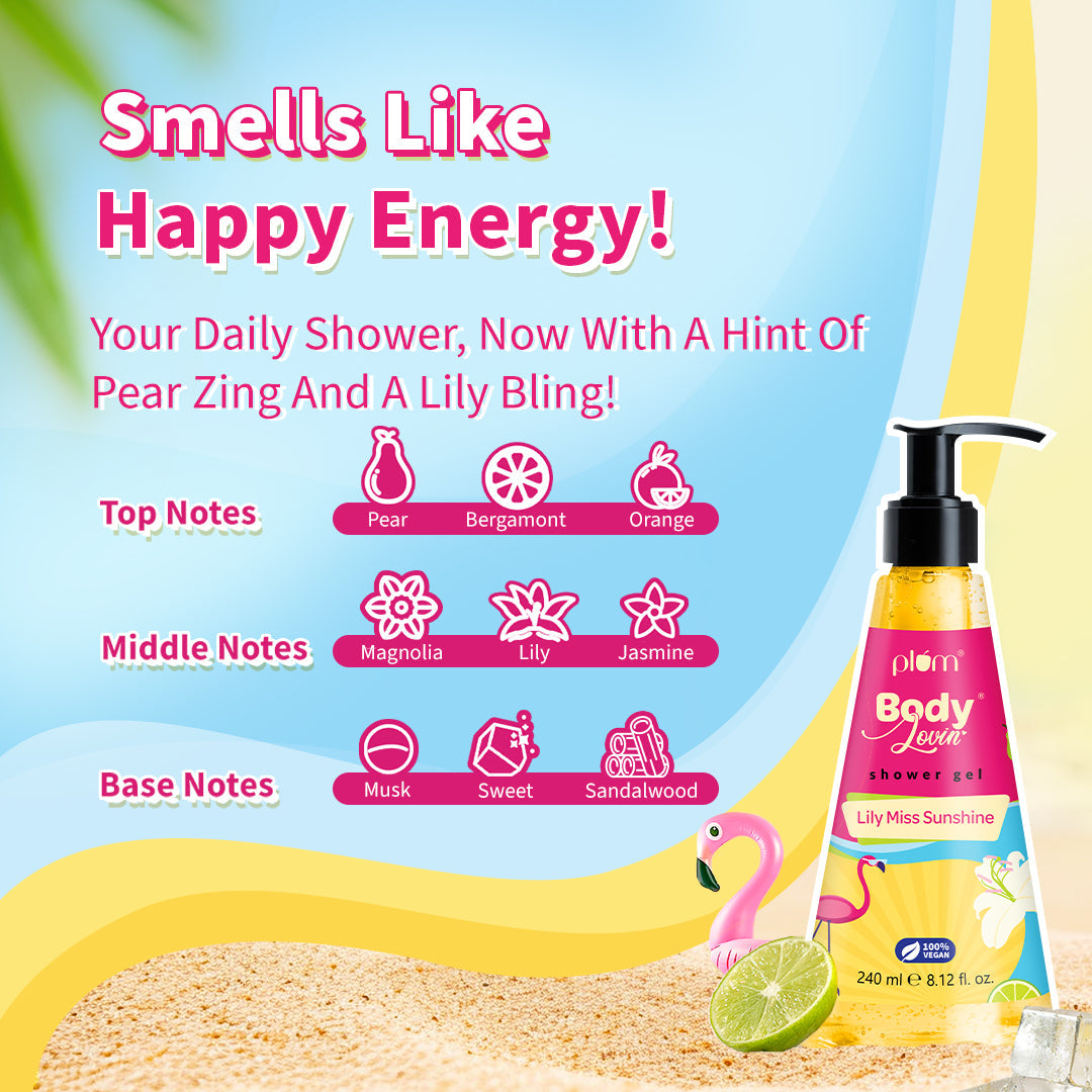 Plum Lily Miss Sunshine Shower Gel by Plum BodyLovin' | SLS-Free | Hydrating Formula | Fruity-Floral Fragrance | Aloe-Infused Body Wash, 240ml