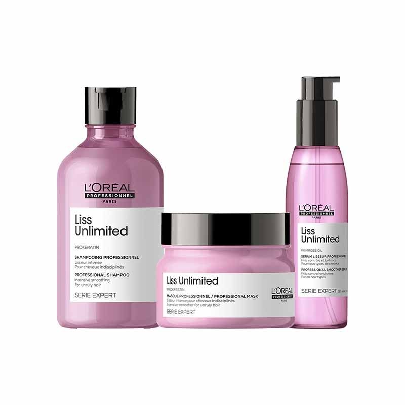 L'Oreal Professionnel Liss Unlimited Shampoo, 300ml, Hair Mask, 250g and Hair Serum, 125ml Combo Pack