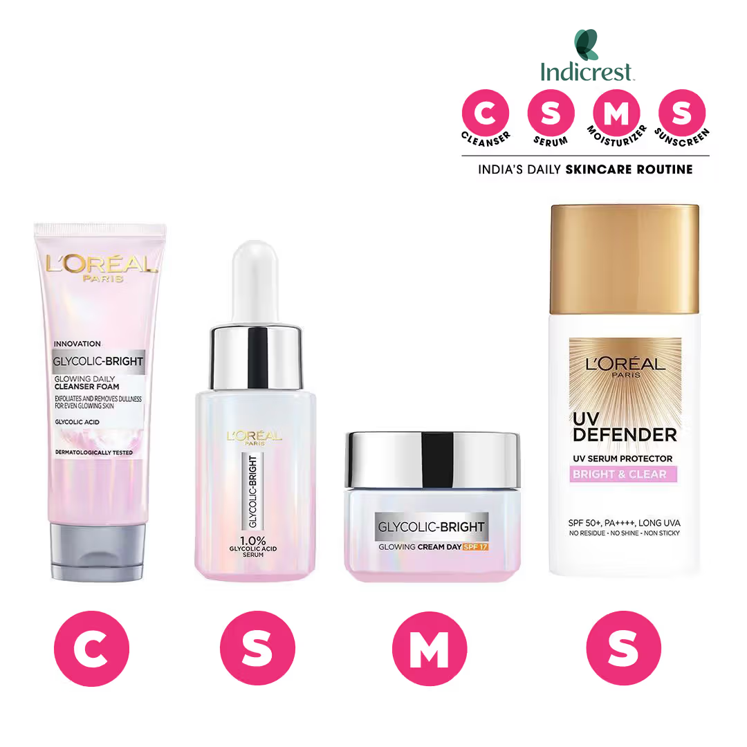 L'Oreal Paris Glycolic Acid Glowing And Protecting C-S-M-S Regime Kit for for Dark Spot Reduction Combo, 4 pieces Buy at Indicrest