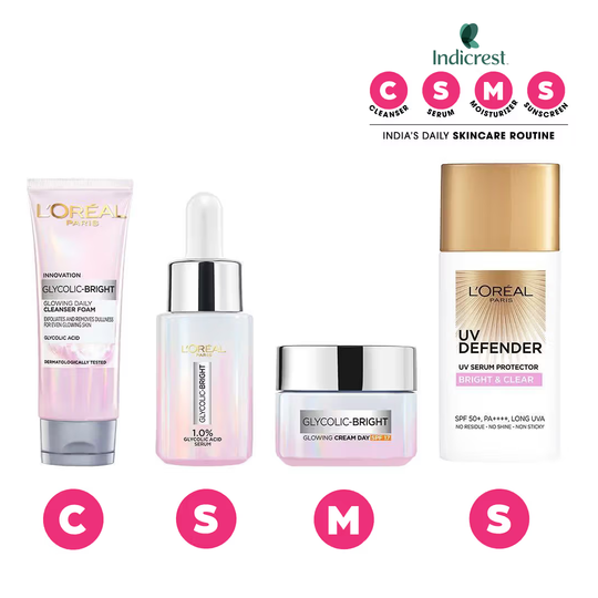 L'Oreal Paris Glycolic Acid Glowing And Protecting C-S-M-S Regime Kit for for Dark Spot Reduction Combo, 4 pieces Buy at Indicrest
