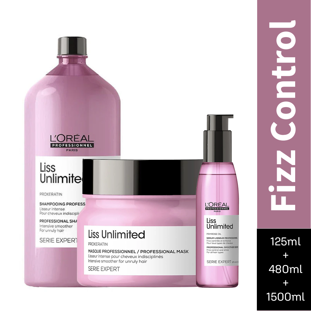 L'Oreal Professionnel Liss Unlimited Shampoo, 1500ml + L'Oreal Professionnel Liss Unlimited Mask, 490ml + L'Oreal Professionnel Liss Unlimited Serum, 125ml – Combo