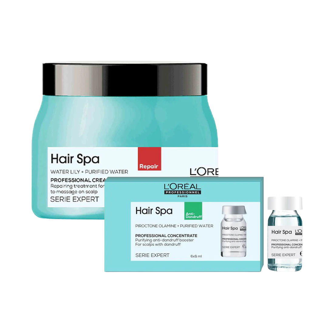 L'Oreal Professionnel Paris Hair Spa Repair Creambath, 490g and Purifying Concentrate Anti-Dandruff, 6x8ml – Combo