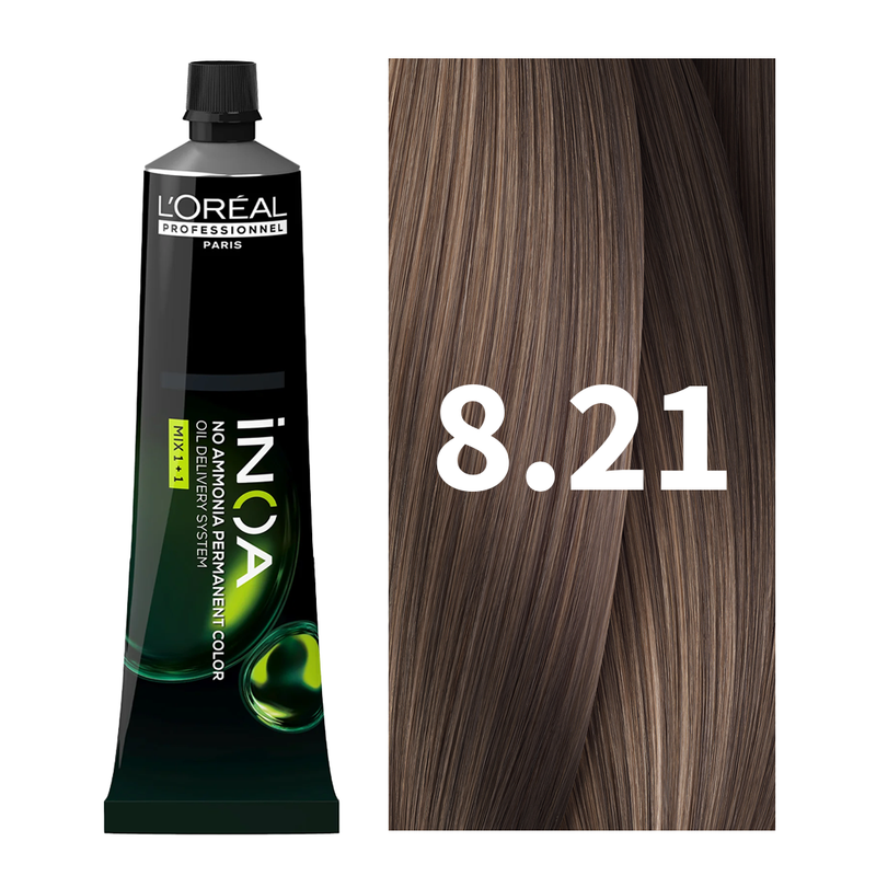 L'Oreal Professionnel Paris iNOA - 8.21 (Light Irisdescent Ash Blonde) - Ammonia Free Permanent Colour - Mix 1:1 - (60g) at Indicrest Buy at Indicrest