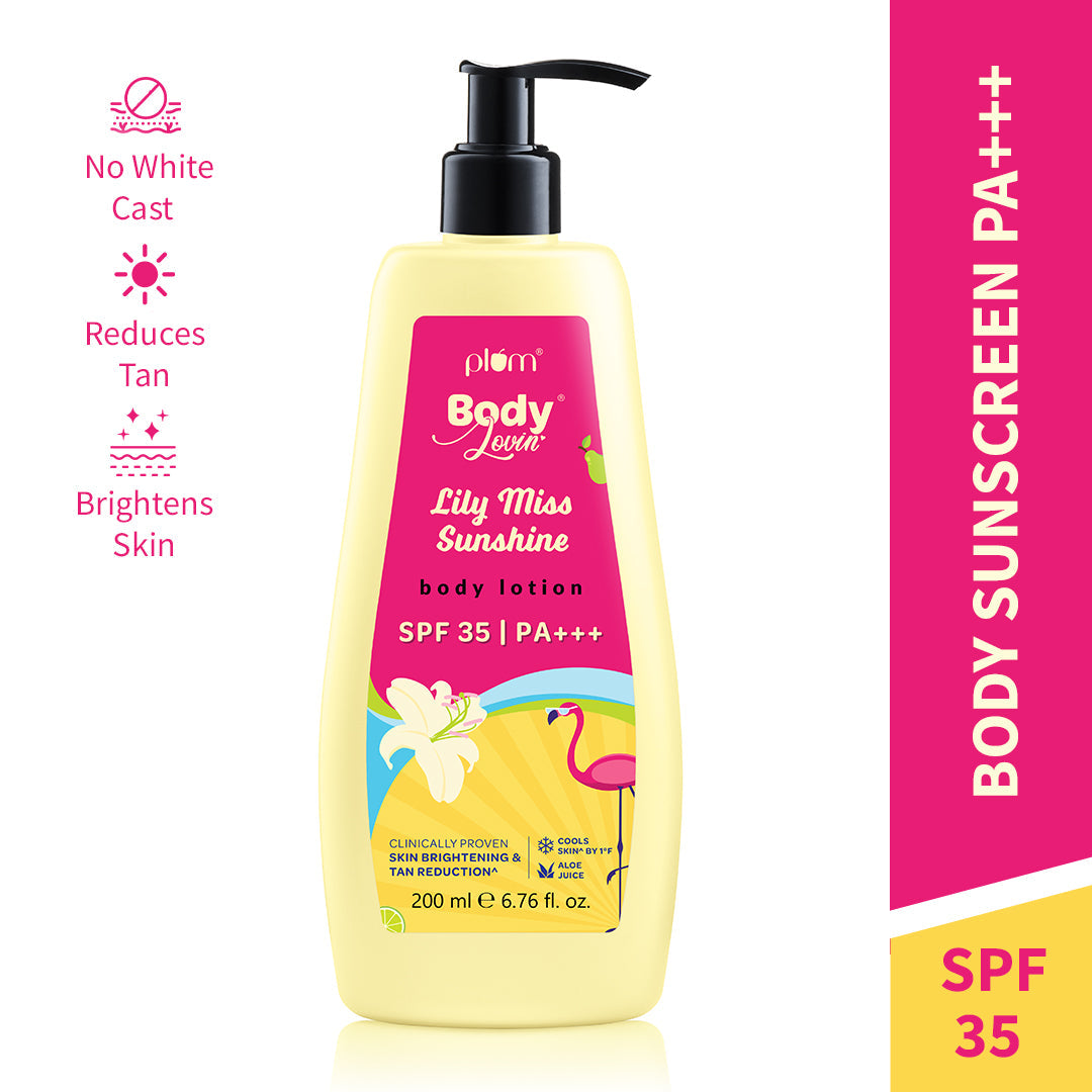 Plum Lily Miss Sunshine Sunscreen Body Lotion SPF 35 PA+++ by Plum BodyLovin' | No White Cast | Reduces Tan | Brightens, Cools & Hydrates Skin | Fresh Fruity-Floral Fragrance, 200ml