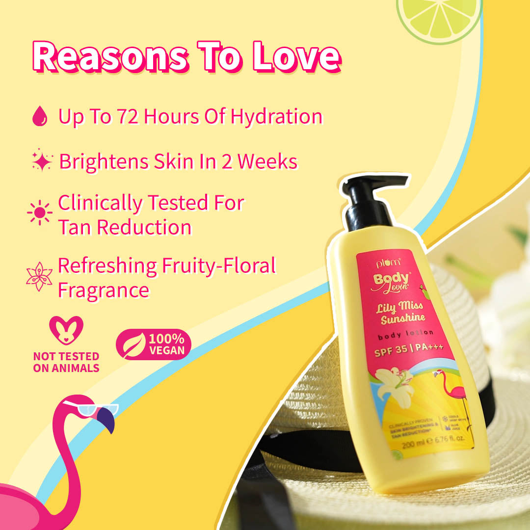 Plum Lily Miss Sunshine Sunscreen Body Lotion SPF 35 PA+++ by Plum BodyLovin' | No White Cast | Reduces Tan | Brightens, Cools & Hydrates Skin | Fresh Fruity-Floral Fragrance, 200ml