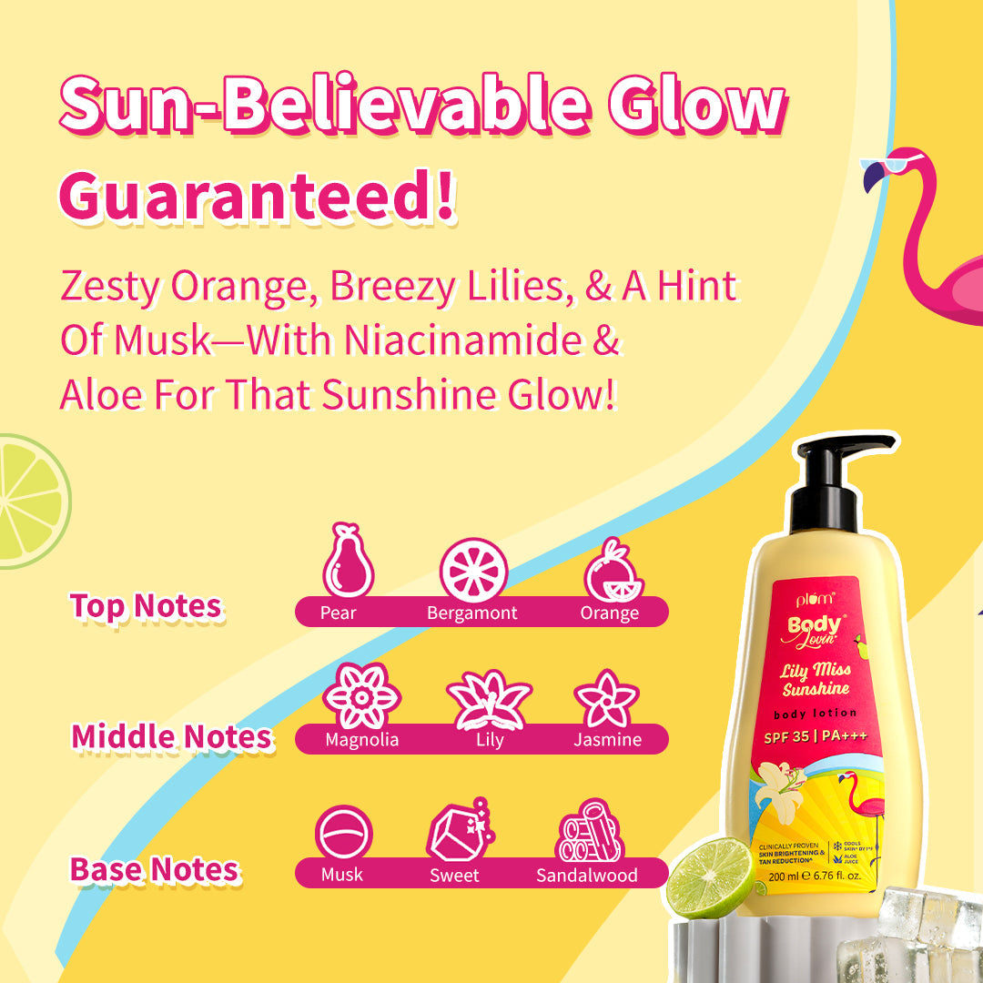 Plum Lily Miss Sunshine Sunscreen Body Lotion SPF 35 PA+++ by Plum BodyLovin' | No White Cast | Reduces Tan | Brightens, Cools & Hydrates Skin | Fresh Fruity-Floral Fragrance, 200ml