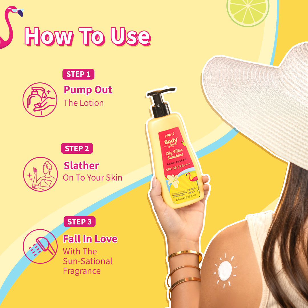 Plum Lily Miss Sunshine Sunscreen Body Lotion SPF 35 PA+++ by Plum BodyLovin' | No White Cast | Reduces Tan | Brightens, Cools & Hydrates Skin | Fresh Fruity-Floral Fragrance, 200ml