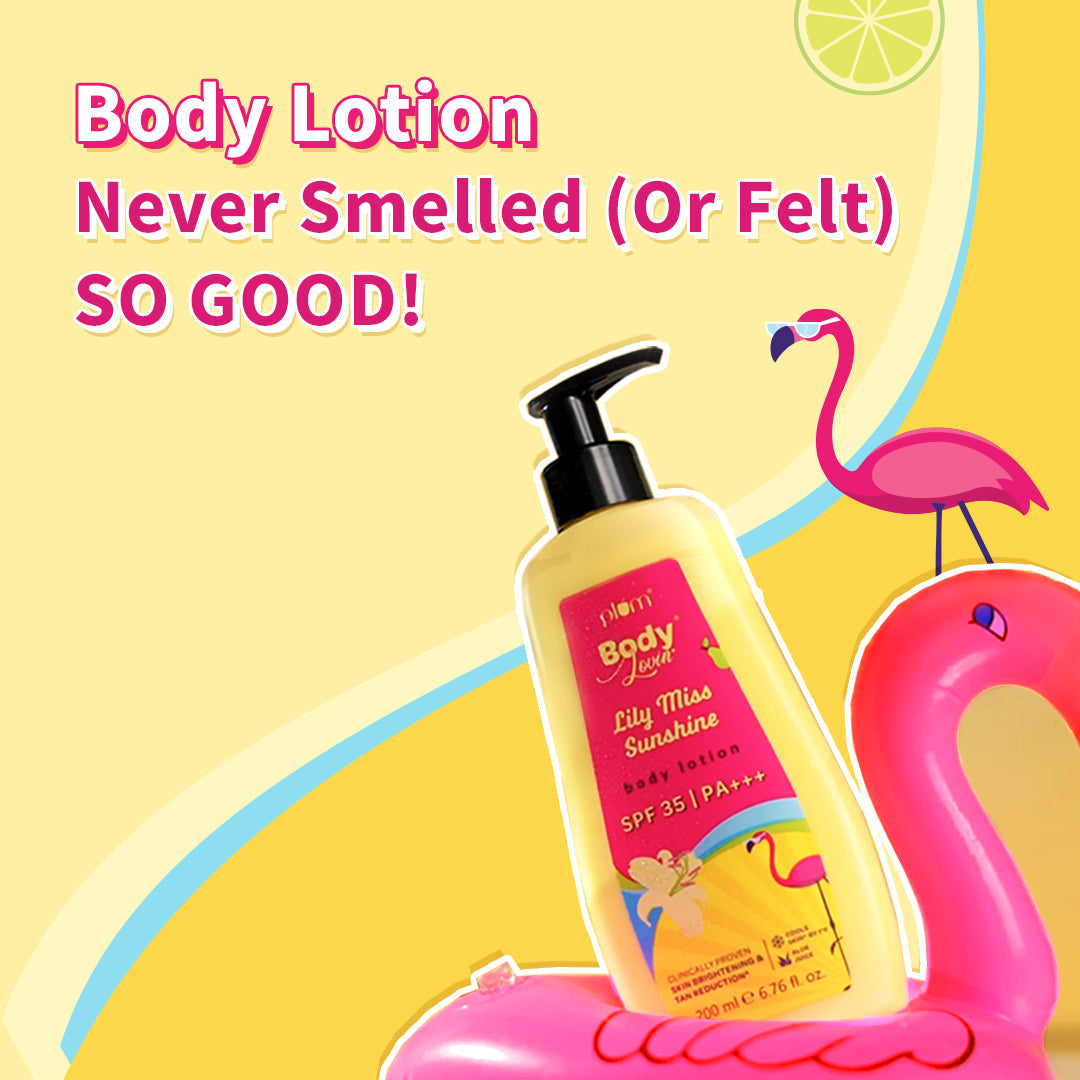 Plum Lily Miss Sunshine Sunscreen Body Lotion SPF 35 PA+++ by Plum BodyLovin' | No White Cast | Reduces Tan | Brightens, Cools & Hydrates Skin | Fresh Fruity-Floral Fragrance, 200ml