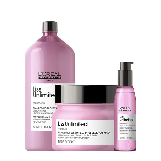 L'Oreal Professionnel Liss Unlimited Shampoo, 1500ml + L'Oreal Professionnel Liss Unlimited Mask, 490ml + L'Oreal Professionnel Liss Unlimited Serum, 125ml – Combo Buy at Indicrest