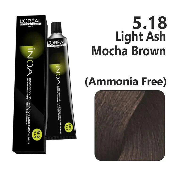 L'Oreal  Professionnel Paris - 5.18 Light Ash Mocha Brown - Inoa Ammonia Free Permanent Colour - Mix 1:1 - (60g) - Indicrest