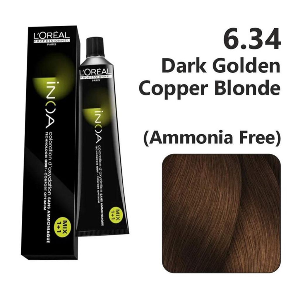 L'Oreal  Professionnel Paris - 6.34 Dark Golden Copper Blonde - Inoa Ammonia Free Permanent Colour - Mix 1:1 - (60g) - Indicrest