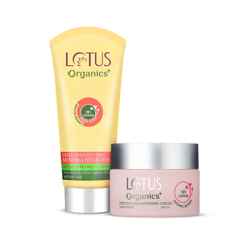Lotus Herbals Organics+ Morning Radiance Ritual, Sheer Brightneing Sunscreen 100g Precious Brightening Creme 50g