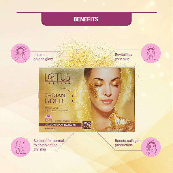 Lotus Herbals Radiant Gold Cellular Glow Salon Grade 4 Facial Kit, 37g