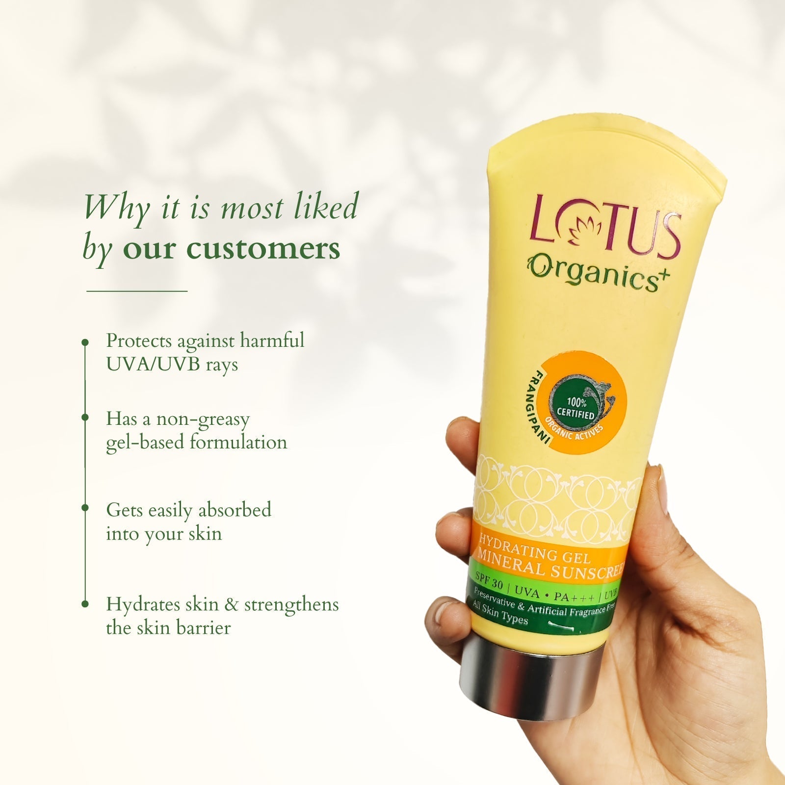 Lotus Organics+ Hydrating Gel Mineral Sunscreen, 50g – SPF 30 Protection & Moisture