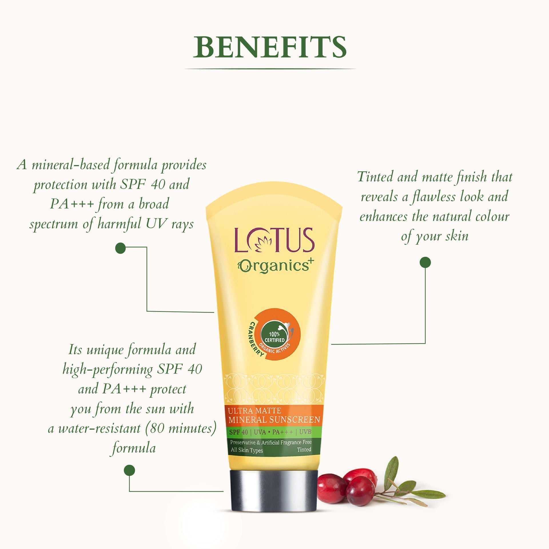 Lotus Organics+ Ultra Matte Mineral Sunscreen SPF 40 PA+++, 100g | Oil-Free, Matte Finish